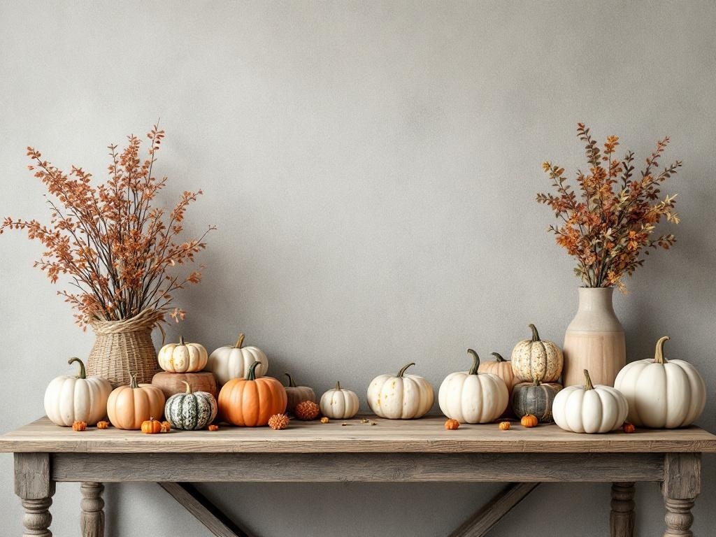 A modern Thanksgiving decor display featuring a variety of pumpkins and autumn branches on a wooden table.