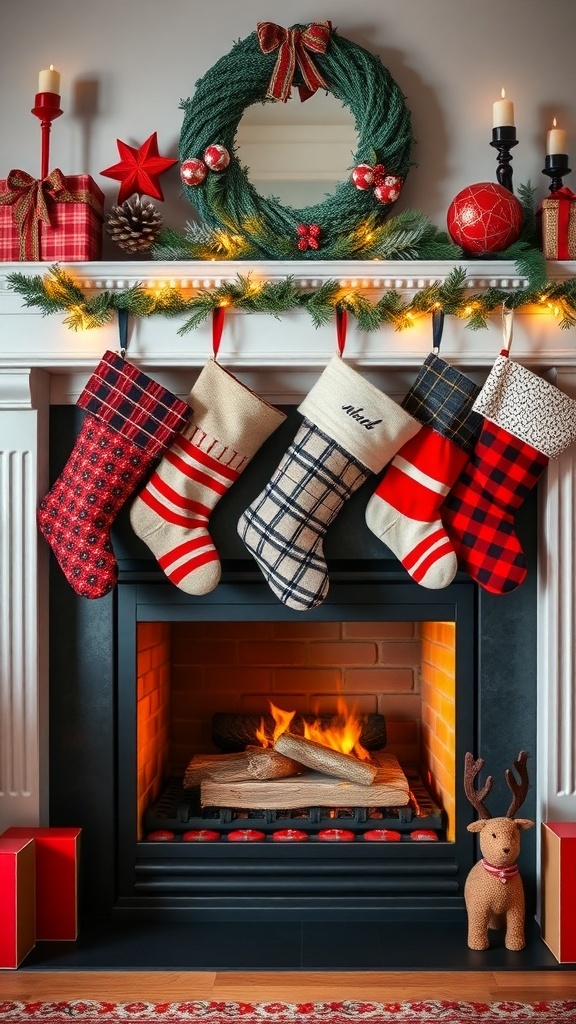 A festive mantel with colorful stockings, a wreath, and holiday decorations.