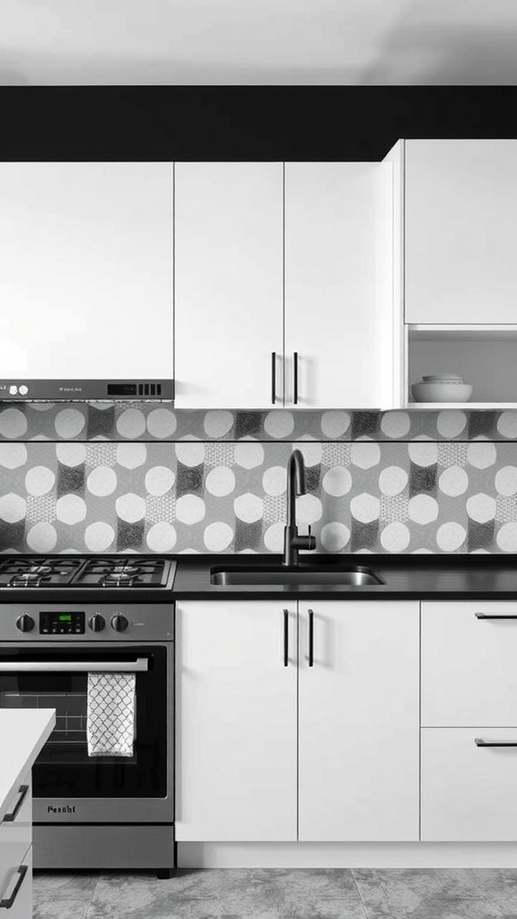A modern black and white kitchen featuring a circular patterned backsplash, white cabinets, and a black countertop.