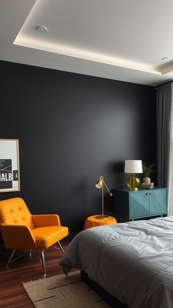 A cozy bedroom featuring black walls, a gray bedspread, an orange chair, and a teal nightstand.