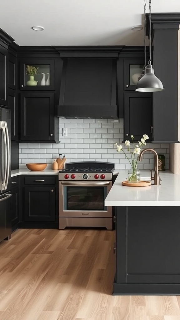 Modern farmhouse kitchen featuring dark cabinetry and light countertops.