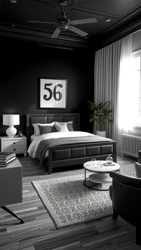 A stylish black and white bedroom featuring a modern bed, vintage chair, and decorative elements.
