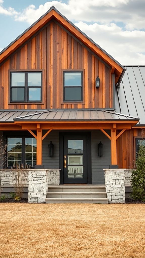 Modern farmhouse exterior featuring wood, stone, and metal materials.
