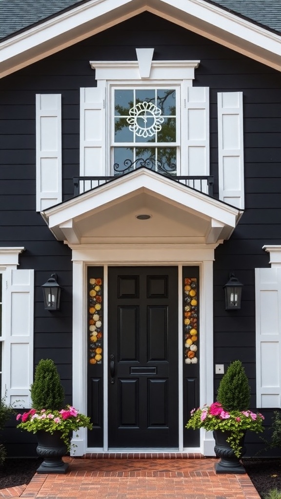 Black modern farmhouse with white shutters and door