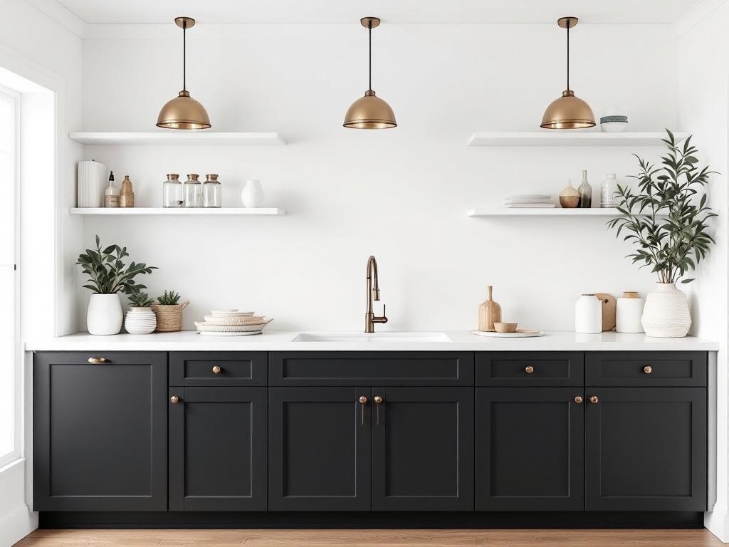 A modern black kitchen featuring white countertops, brass fixtures, and decorative plants.