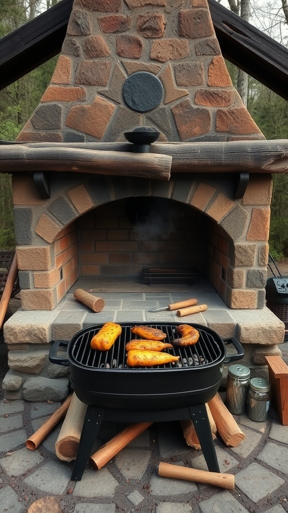 A rustic outdoor fireplace with a grill, featuring grilled chicken and logs nearby.