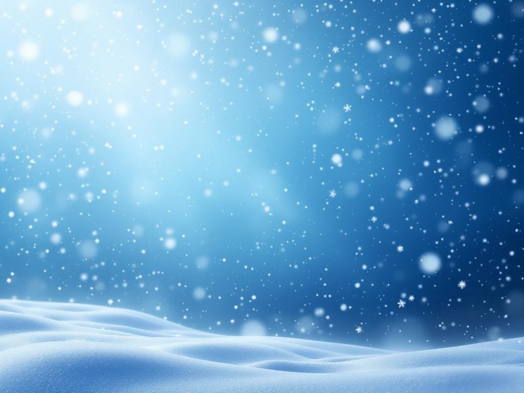 A serene winter scene with soft blue tones and bright white snowflakes falling.