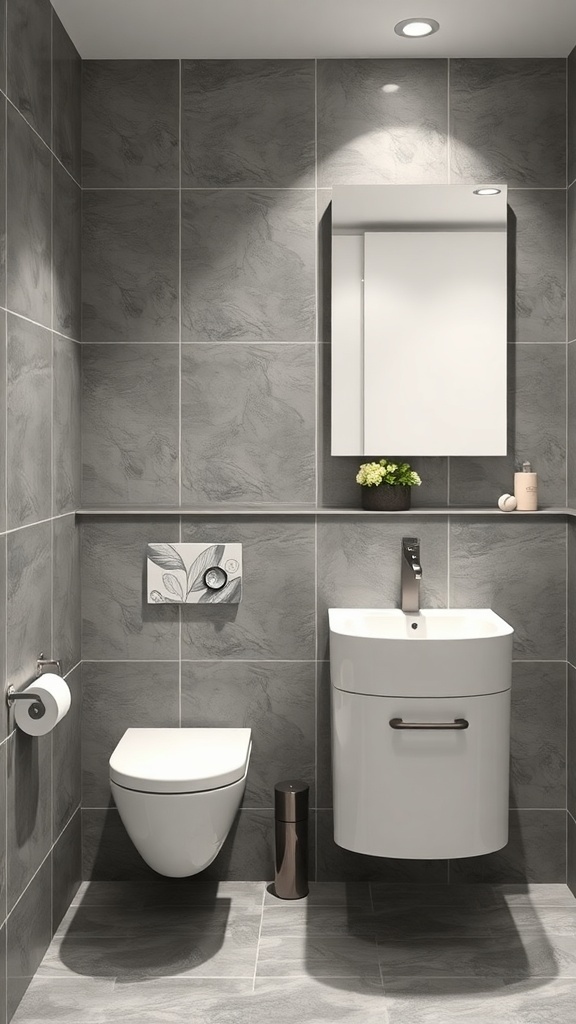 A modern bathroom featuring cool gray tiles, a white sink, and a sleek toilet.