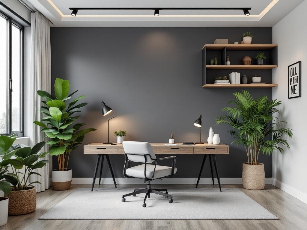 A modern workspace featuring a dark gray wall, a light wood desk, a comfortable chair, and green plants.