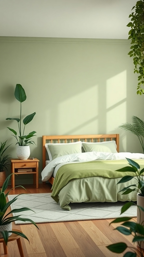 A serene bedroom featuring soft green walls, a cozy bed with green bedding, and various indoor plants.