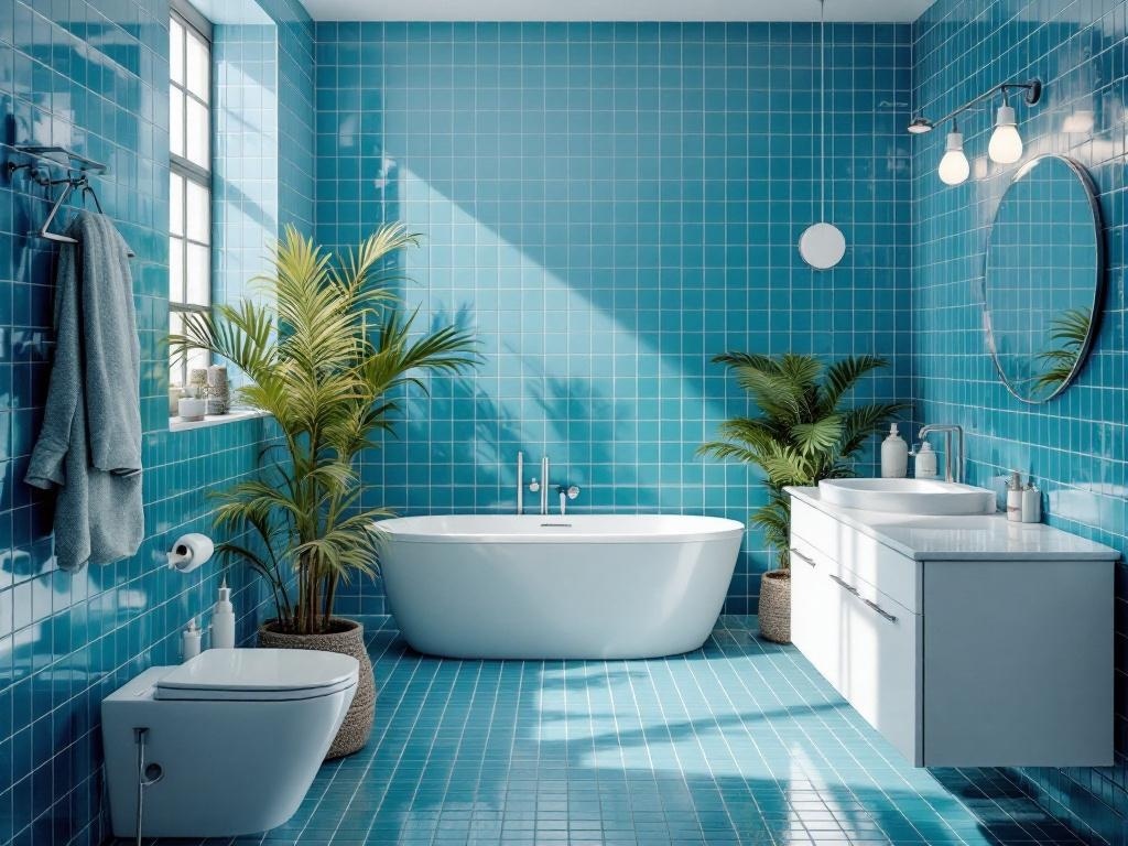 A bright bathroom featuring ocean blue tiles, a white bathtub, and green plants.