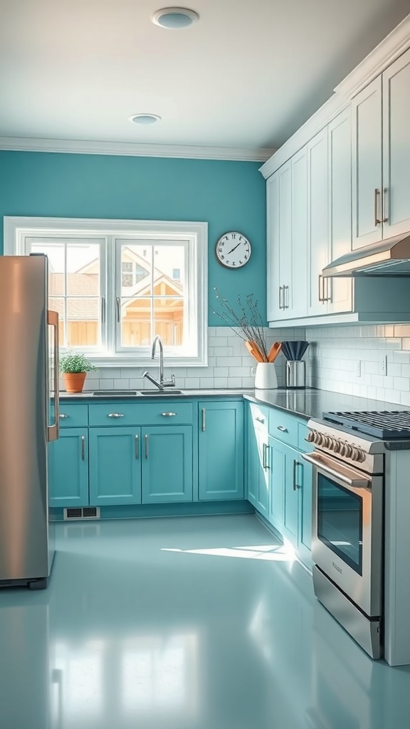 A bright kitchen featuring teal cabinets, white countertops, and a window with natural light.