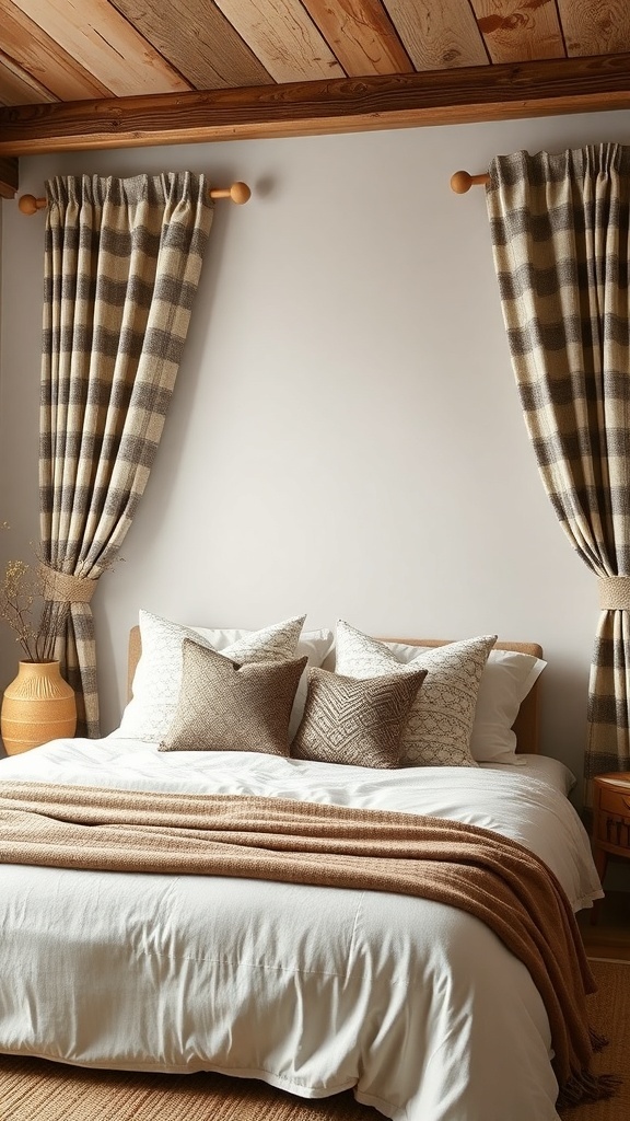 A modern rustic bedroom featuring a bed with textured pillows, a cozy throw blanket, and patterned curtains.