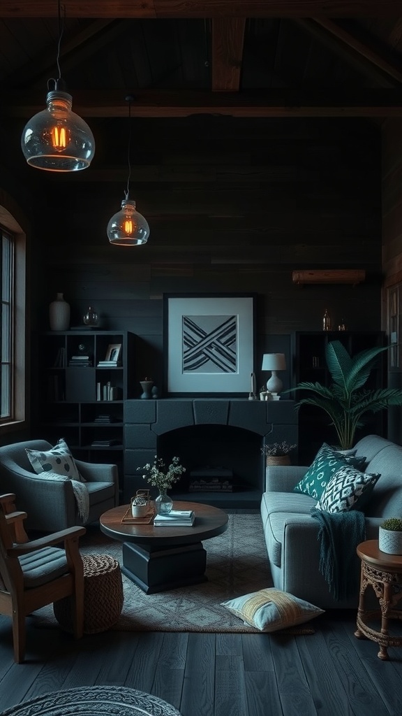 A dark rustic living room with cozy furniture and warm lighting.