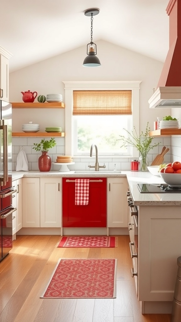 A bright red farmhouse kitchen with white accents and wooden flooring.