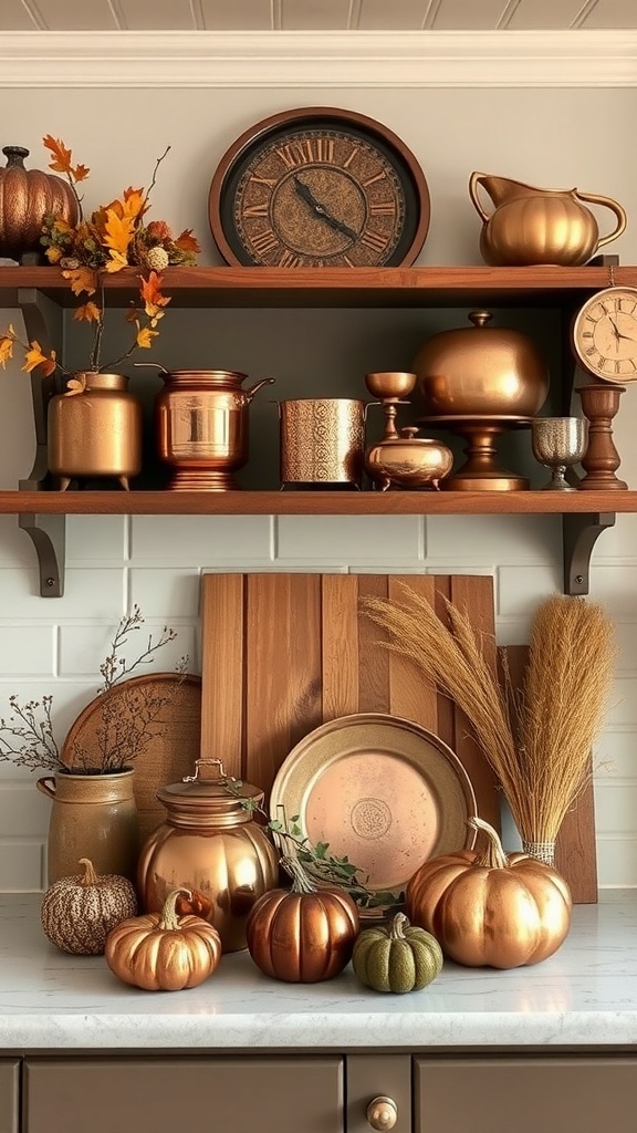 A cozy display of copper and bronze decor items, including pots, pumpkins, and dried flowers on wooden shelves.