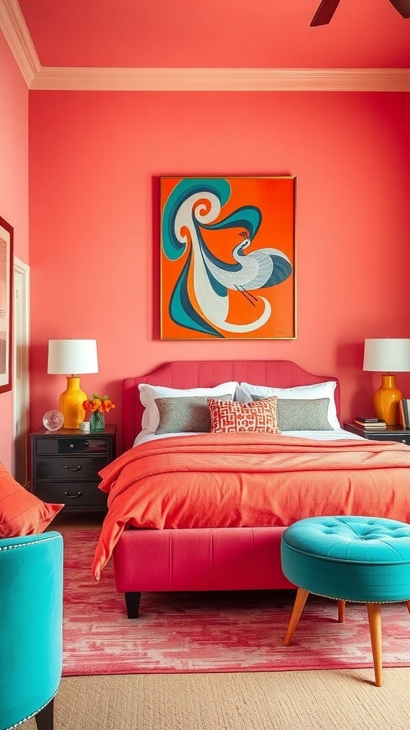A vibrant bedroom featuring coral walls, aqua accents, and colorful artwork.