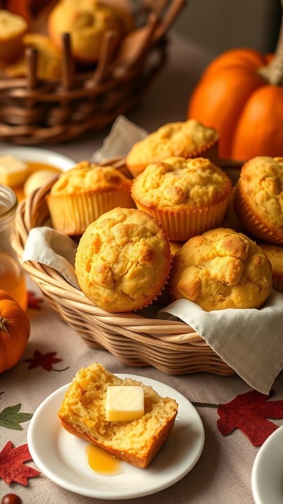 A basket of cornbread muffins with one muffin on a plate topped with butter and honey.