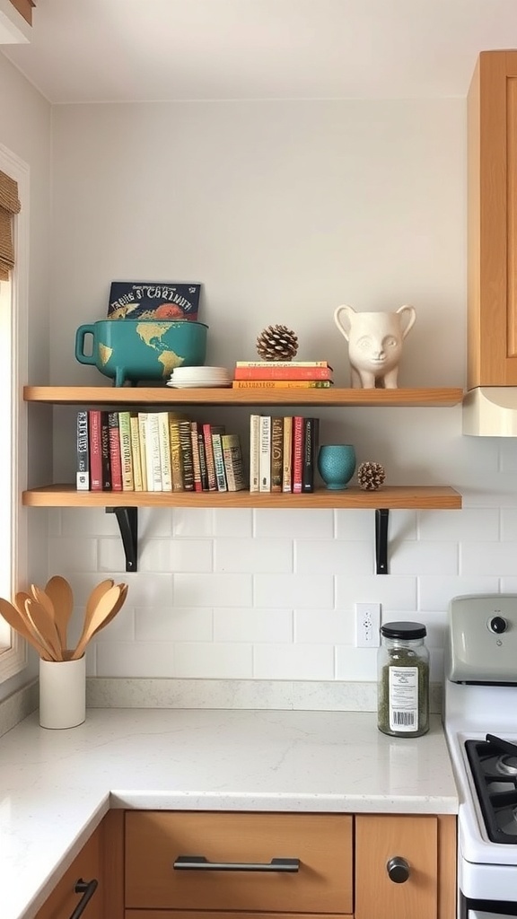 Corner shelves in a small kitchen displaying books and decorative items.