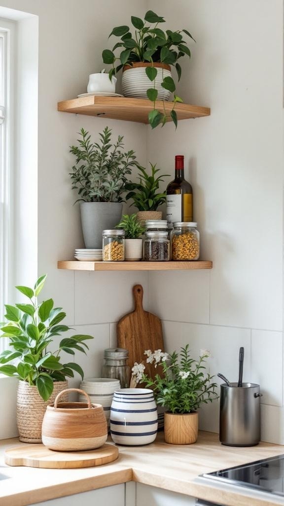 Corner kitchen shelves with plants and jars, maximizing space.