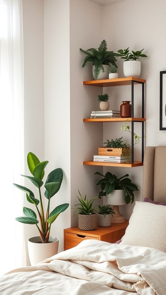 Stylish corner shelves in a bedroom displaying plants and decorative items.