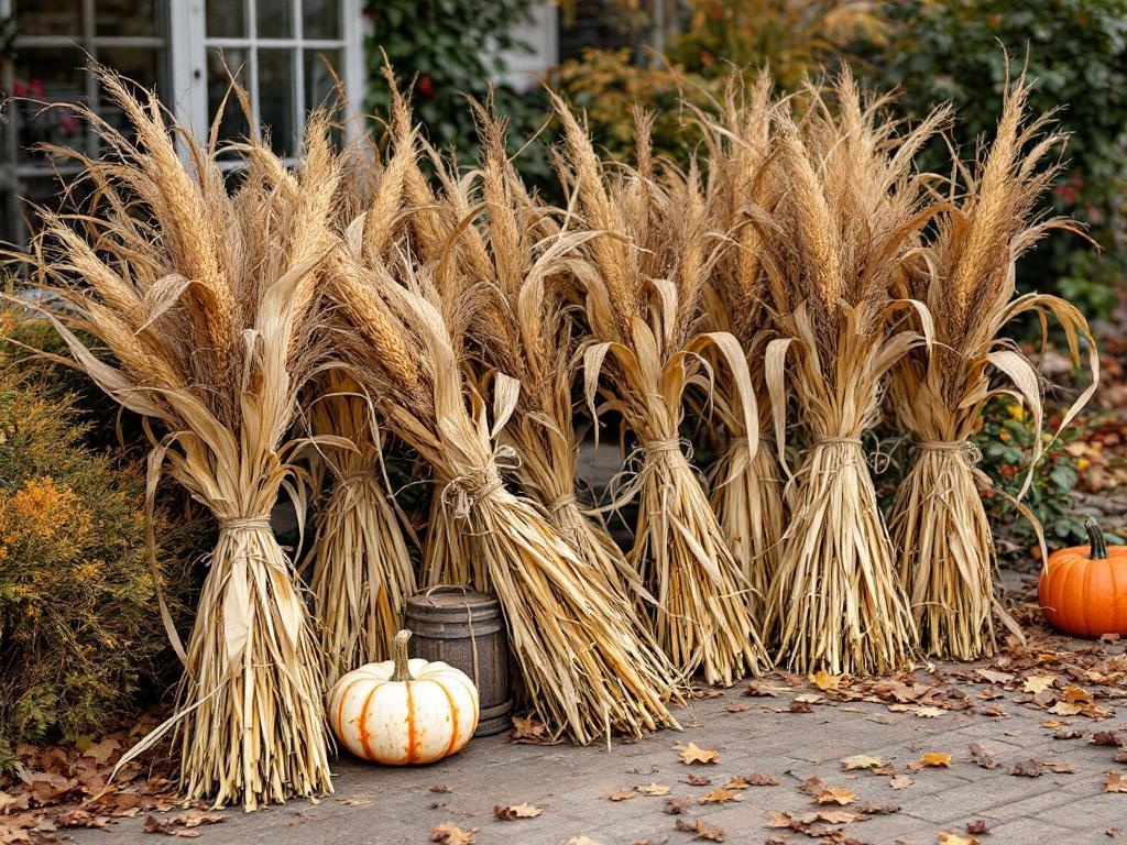 Cornstalk bundles arranged outdoors with pumpkins and autumn leaves.