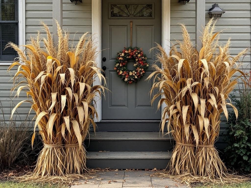 Cornstalk bundles flanking a front door decorated for Thanksgiving