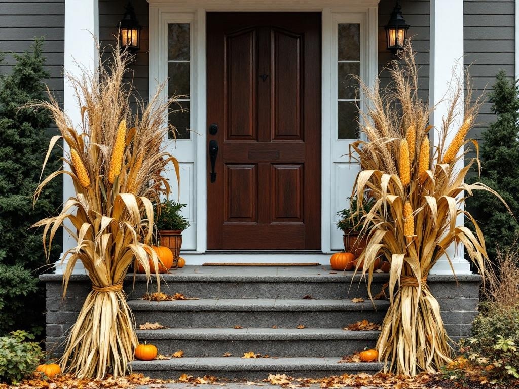Front porch decorated with cornstalks and pumpkins for Thanksgiving