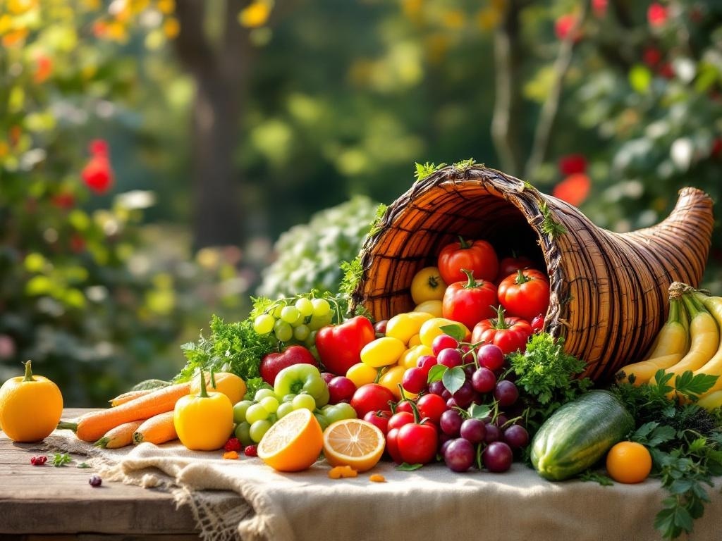 A cornucopia overflowing with colorful fruits and vegetables, symbolizing abundance for Thanksgiving.