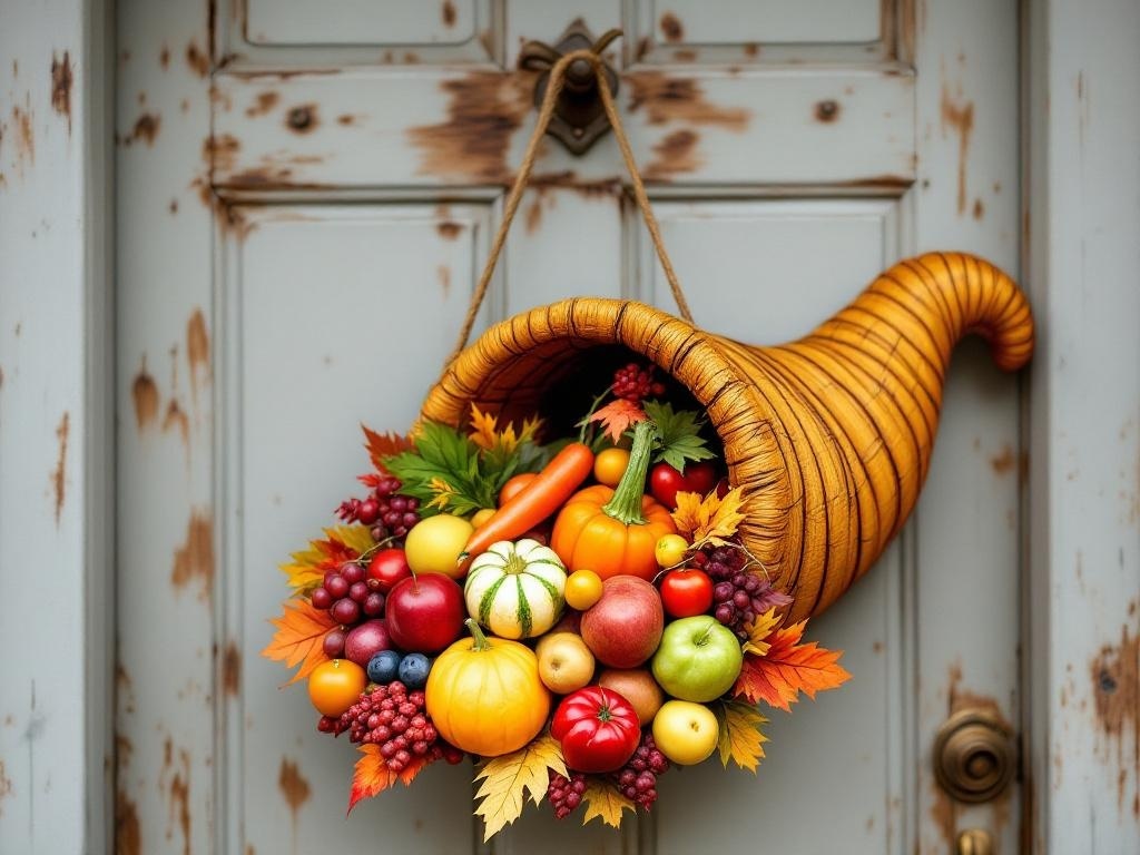 A cornucopia filled with colorful fruits and vegetables hanging on a door, symbolizing abundance and the fall season.