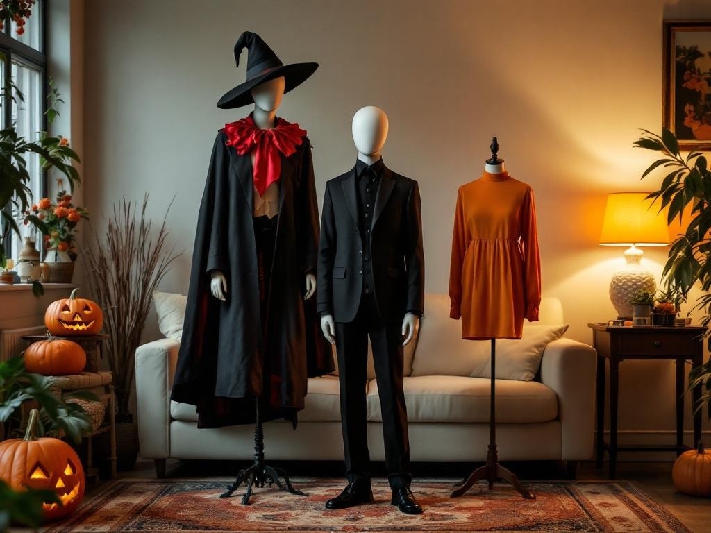 A cozy living room with Halloween costumes displayed, including a witch outfit, a black suit, and an orange dress, alongside carved pumpkins.