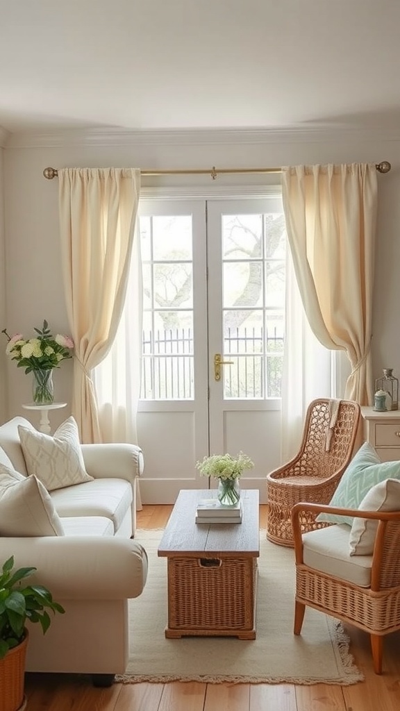 A cozy living room with soft curtains, a wicker chair, and a wooden coffee table.