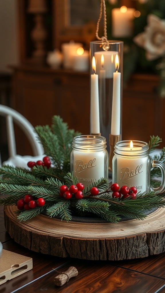 Cottage-themed Christmas centerpiece with candles and greenery