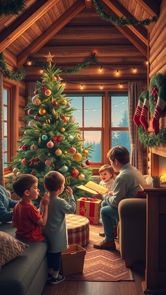 Cozy cottage interior decorated for Christmas with a family gathered around a tree.