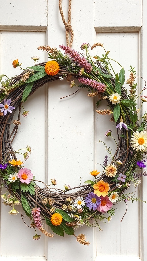 A winter wreath made of dried flowers and greenery, hanging on a door.
