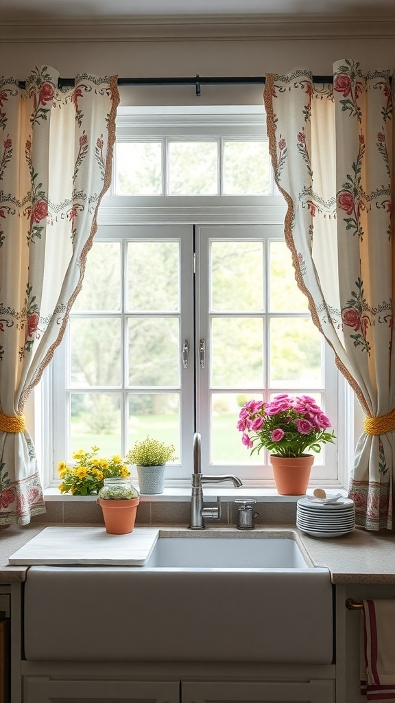 Cottage style curtains in a farmhouse kitchen with floral patterns and potted plants