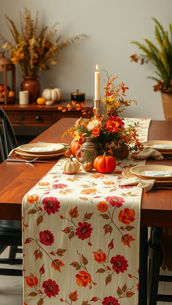 A cozy dining table with a floral table runner, pumpkins, and a candle centerpiece.