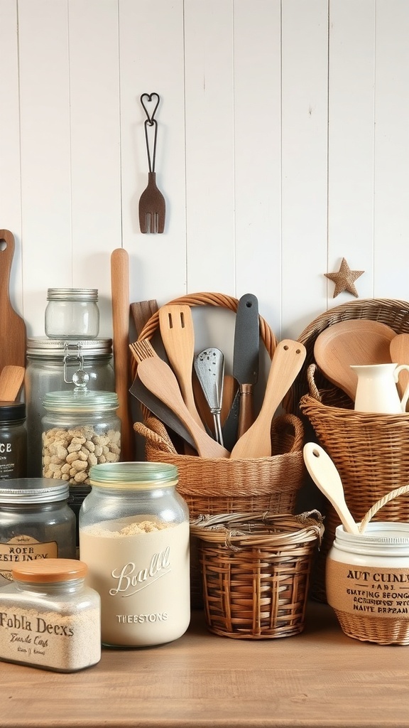 A collection of wooden utensils, jars, and baskets in a farmhouse style kitchen.