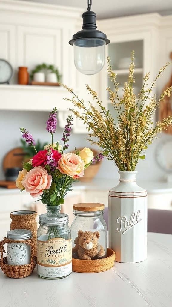 A collection of decorative jars and vases with flowers and a teddy bear in a farmhouse kitchen.