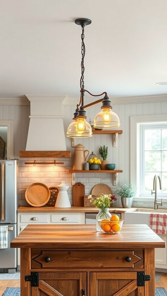 Rustic pendant light fixture in a country farmhouse kitchen