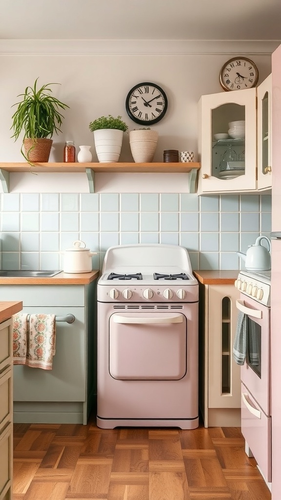 A cozy kitchen featuring a pastel pink stove, wooden shelves, and plants.