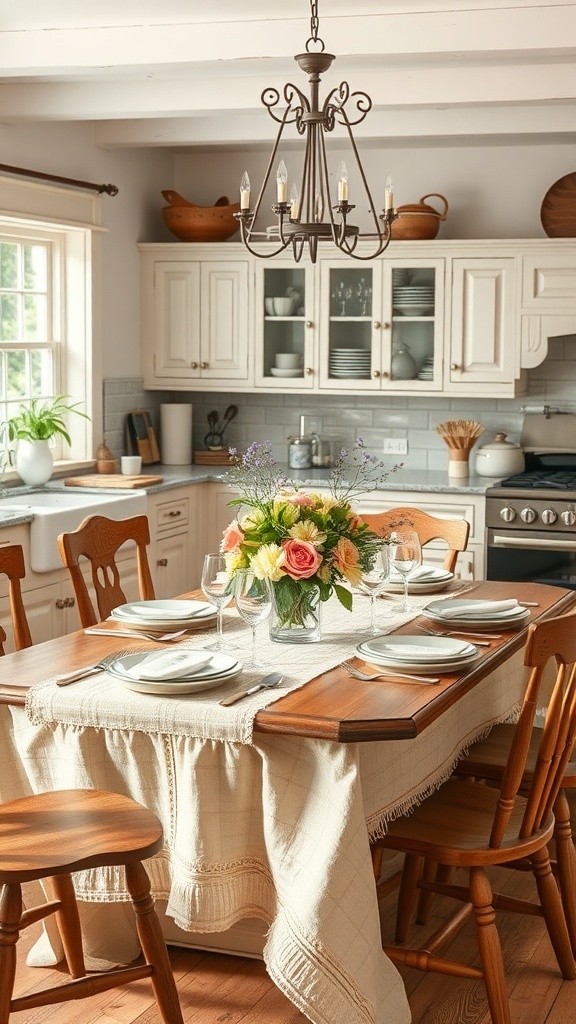 A cozy country-style dining table setup in a farmhouse kitchen.