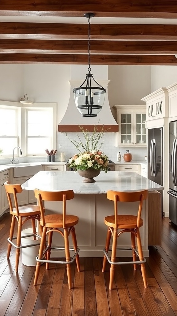 A country-style kitchen island with wooden stools and a floral centerpiece.
