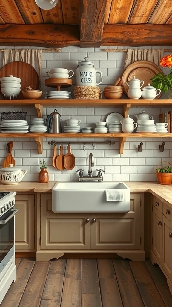 A rustic country-style kitchen featuring wooden beams, open shelves with dishware, and a farmhouse sink.