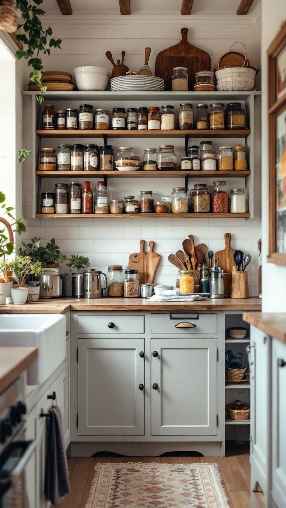 A cozy country-style pantry with open shelves filled with jars of spices and grains, wooden utensils, and potted herbs.