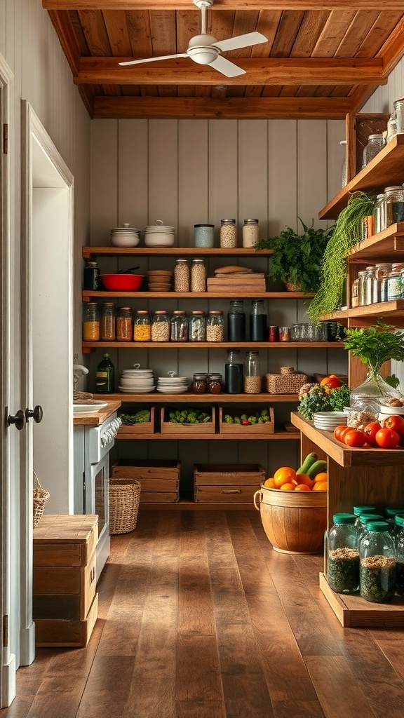 A rustic farmhouse pantry with wooden shelves filled with jars and fresh produce.