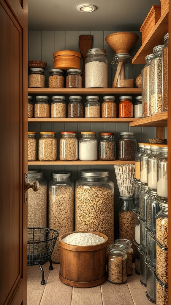 A country-style pantry filled with glass jars, wooden containers, and utensils on wooden shelves.
