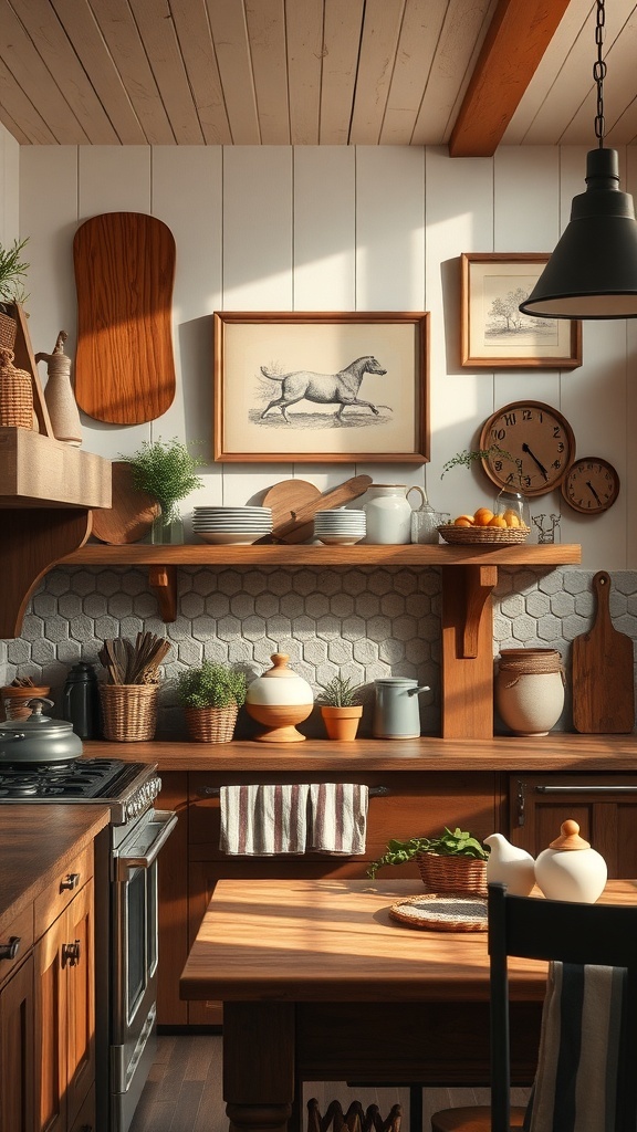 Rustic kitchen with wooden cabinets and a country-themed wall art sign.