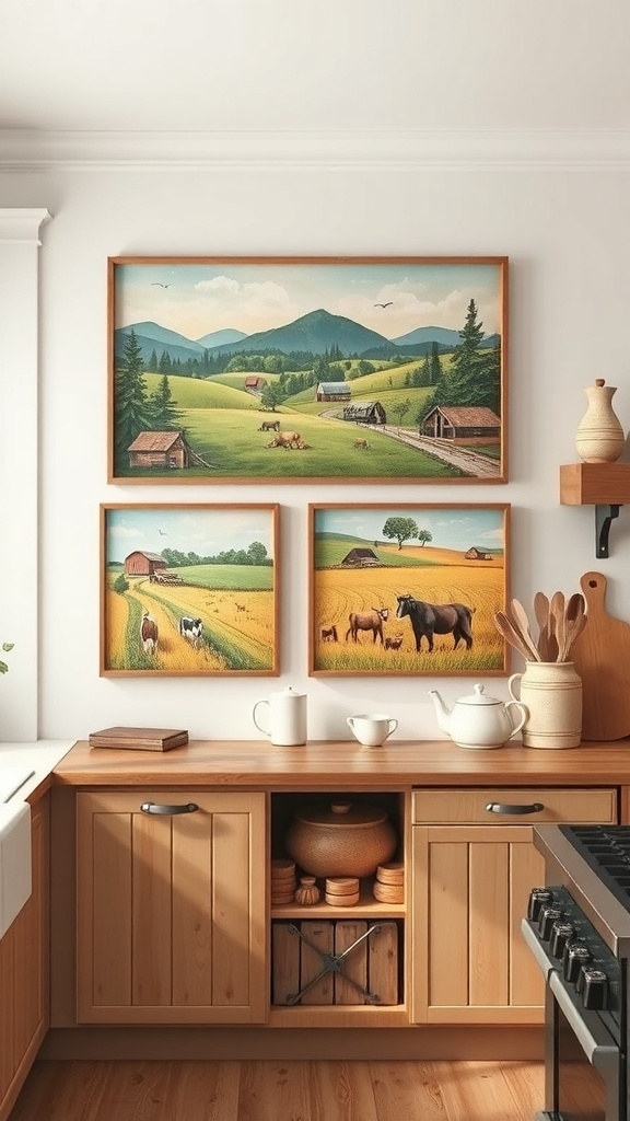 Country-themed wall art featuring landscapes and farm animals in a farmhouse kitchen.