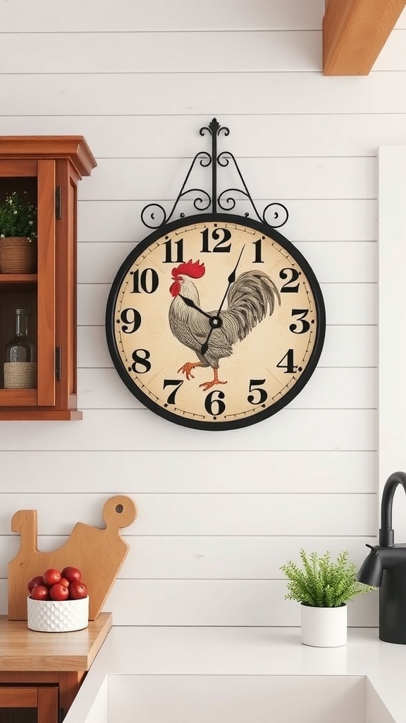 A rooster wall clock hanging in a farmhouse kitchen.